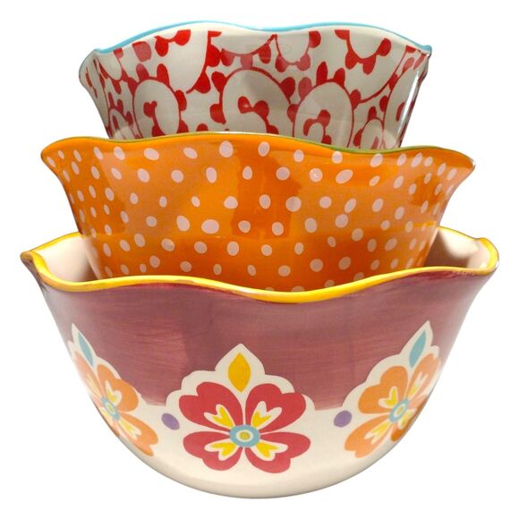 Pioneer Woman Mixing Bowls Set Of 3 Fall Floral Polk Dot Autumn Serving Nesting - Picture 5 of 15